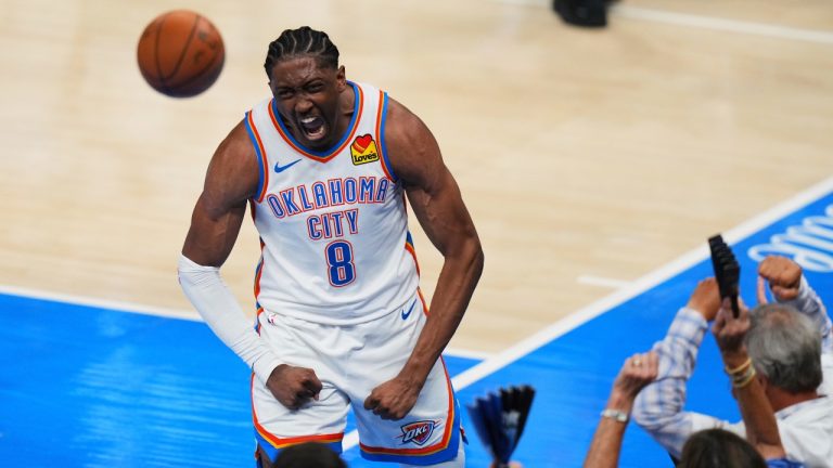 Oklahoma City Thunder forward Jalen Williams (8) celebrates after a dunk during the second half of Game 1 of the NBA Finals basketball series against the Indiana Pacers Thursday, June 5, 2025, in Oklahoma City. (Nate Billings/AP)