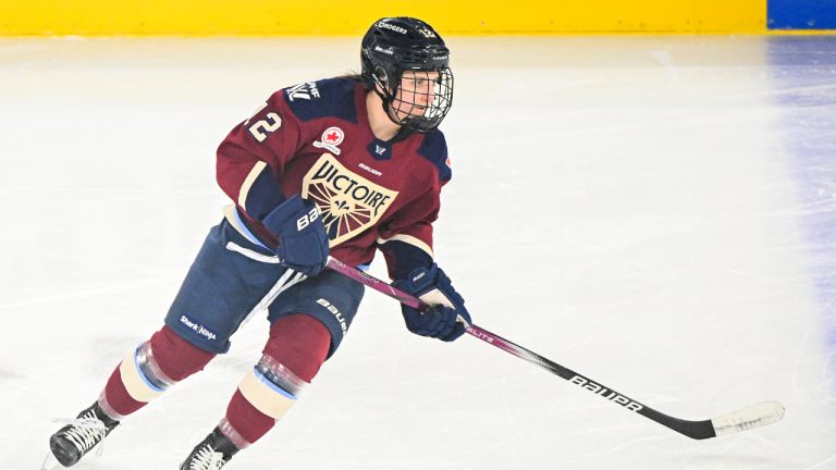 Montreal Victoire's Jennifer Gardiner skates prior to a PWHL hockey game against the Toronto Sceptres in Laval, Que. Sunday, March 23, 2025. (Graham Hughes/CP)
