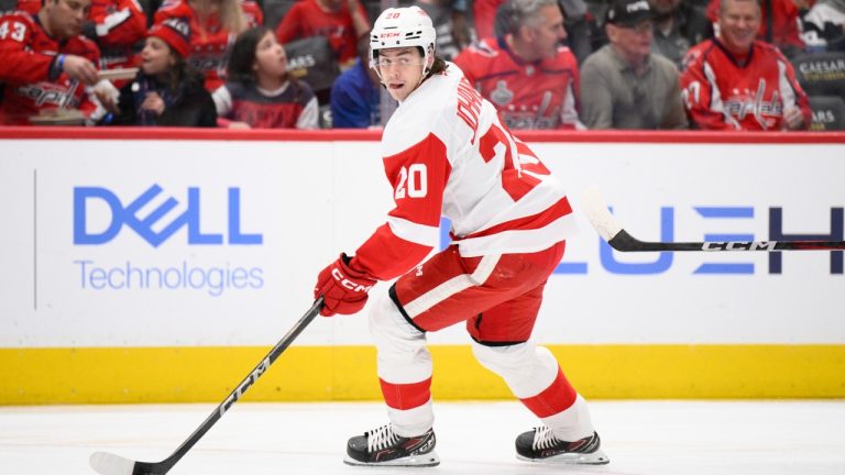 Detroit Red Wings defenceman Albert Johansson (20) in action during the first period of an NHL hockey game against the Washington Capitals, Tuesday, March 18, 2025, in Washington. (Nick Wass/AP)