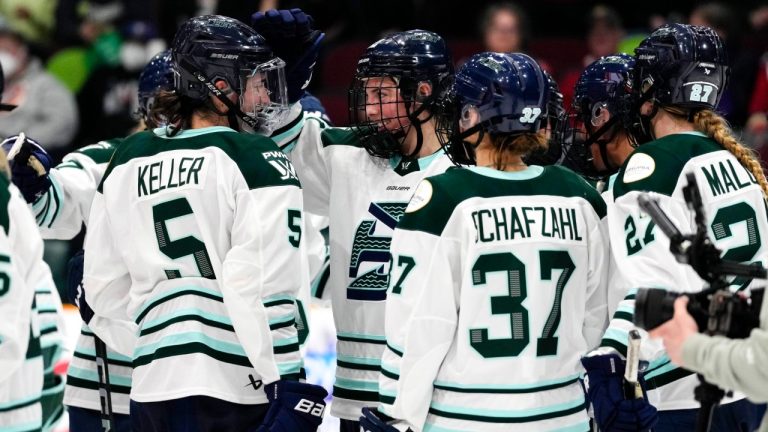 Boston Fleet's Hilary Knight (21) celebrates the win with Megan Keller (5) during third period PWHL hockey action in Ottawa, on Saturday, March 15, 2025. (Justin Tang/CP)