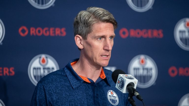 Edmonton Oilers head coach Kris Knoblauch speaks during a press conference after getting back from losing to the Florida Panthers in Game 7 of the NHL Stanley Cup final, in Edmonton on Wednesday June 26, 2024. (Jason Franson/CP)