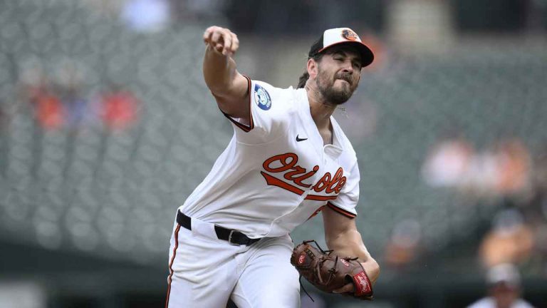 Baltimore Orioles starting pitcher Dean Kremer throws during the first inning of a baseball game against the Tampa Bay Rays. (Nick Wass/AP)