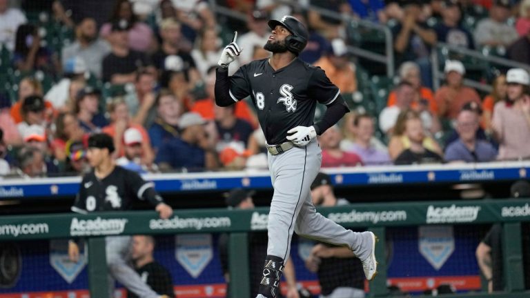 Chicago White Sox's Luis Robert Jr. celebrates after hitting a home run against the Houston Astros during the fourth inning of a baseball game Tuesday, June 10, 2025, in Houston. (David J. Phillip/AP)