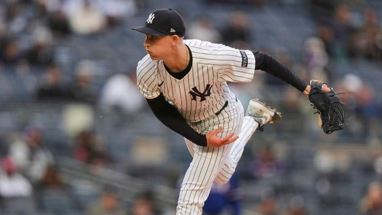 New York Yankees' Luke Weaver pitches during the ninth inning of a baseball game against the Texas Rangers, Thursday, May 22, 2025, in New York. (Frank Franklin II/AP)