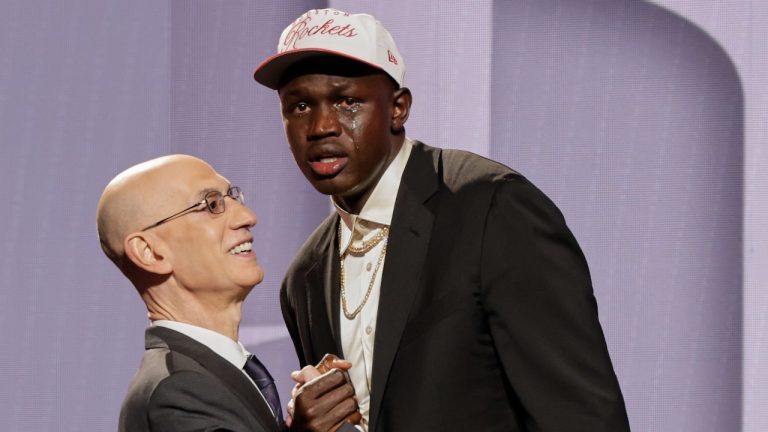 Khaman Maluach reacts as he greets NBA commissioner Adam Silver after being selected 10th by the Houston Rockets in the first round of the NBA basketball draft, Wednesday, June 25, 2025, in New York. (Adam Hunger/AP)