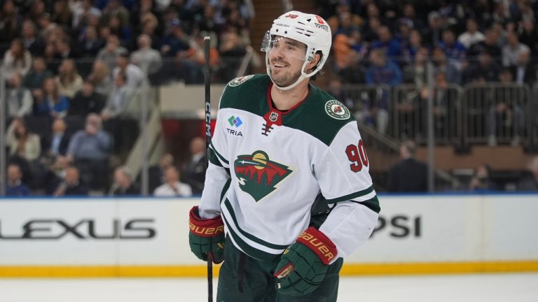 Minnesota Wild's Marcus Johansson (90) smiles after scoring a goal during the second period of an NHL hockey game against the New York Rangers Wednesday, April 2, 2025, in New York. (Frank Franklin II/AP)