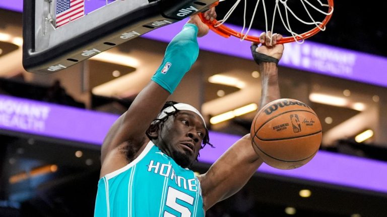 Charlotte Hornets centre Mark Williams dunks against the Orlando Magic during the first half of an NBA basketball game on, Tuesday, March 25, 2025, in Charlotte, N.C. (Chris Carlson/AP)