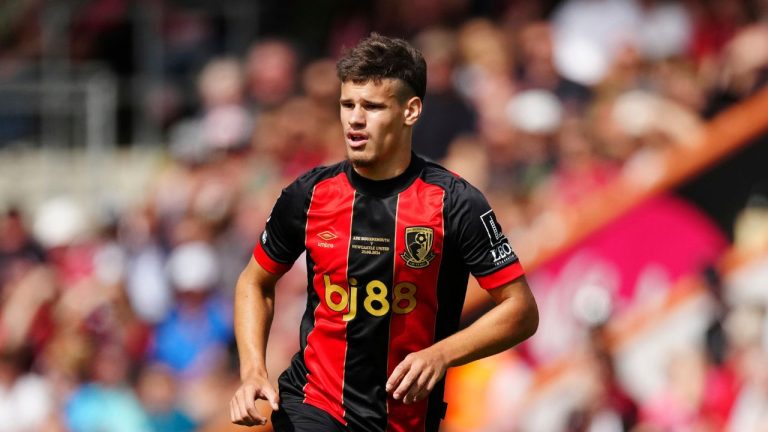 Bournemouth's Milos Kerkez runs into position during the English Premier League soccer match against Newcastle United, at the Vitality Stadium in Bournemouth, England, Aug. 25, 2024. (Dave Shopland/AP)