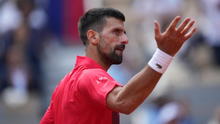 Serbia's Novak Djokovic reacts as he plays against Britain's Cameron Norrie during their fourth round match of the French Tennis Open at the Roland-Garros stadium in Paris, Monday, June 2, 2025. (Thibault Camus/AP)