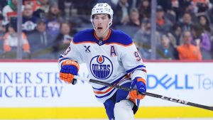 Edmonton Oilers' Ryan Nugent-Hopkins plays during an NHL hockey game, Saturday, Feb. 22, 2025, in Philadelphia. (Matt Slocum/AP)