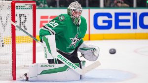Dallas Stars goaltender Jake Oettinger looks on as a shot by the Edmonton Oilers goes wide during the second period in Game 2 of the Western Conference finals in the NHL hockey Stanley Cup playoffs, Friday, May 23, 2025, in Dallas. (LM Otero/AP)