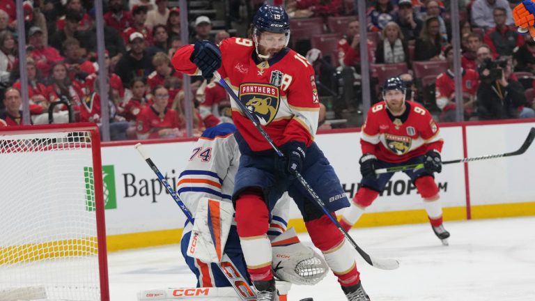 Florida Panthers left wing Matthew Tkachuk (19) trips over Edmonton Oilers goaltender Stuart Skinner (74) during the second period of Game 3 of the NHL Stanley Cup final Monday, June 9, 2025, in Sunrise, Fla. (Lynne Sladky/AP)