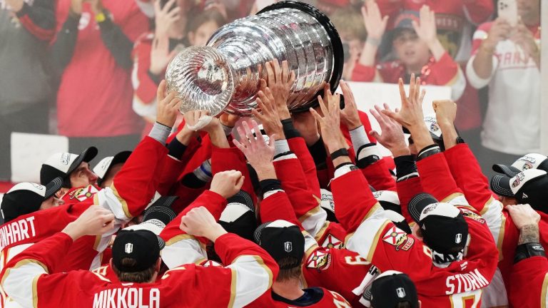 The Florida Panthers raise the Stanley Cup after defeating the Edmonton Oilers in Game 6 of the Stanley Cup final in Sunrise, Fla., on Tuesday, June 17, 2025. (Nathan Denette/CP)