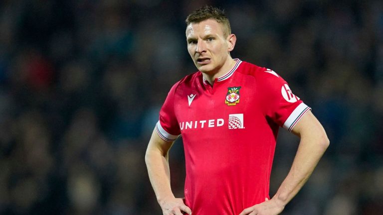 Wrexham's Paul Mullin reacts during the English FA Cup fourth round soccer match between Blackburn Rovers and Wrexham, at Ewood Park stadium, in Blackburn, England, Monday, Jan. 29, 2024. Wrexham said Wednesday, July 3, 2024, that Mullin is set to miss the start of the new season after undergoing spinal surgery. (Dave Thompson/AP)