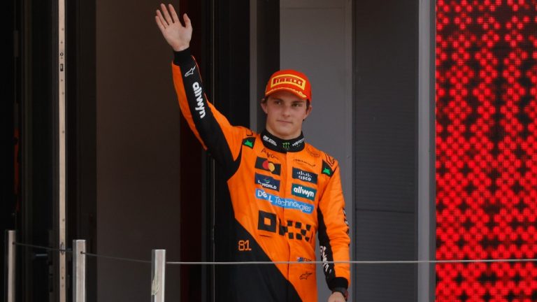 McLaren driver Oscar Piastri of Australia celebrates after winning the Spanish Grand Prix Formula One race at the Barcelona Catalunya racetrack in Montmelo, near Barcelona, Spain, Sunday, June 1, 2025. (Joan Monfort/AP)
