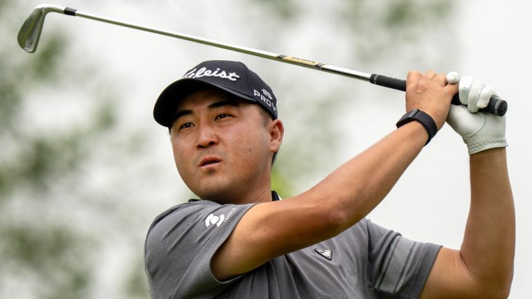 Richard Lee of Canada watches his tee shot on hole #7 in the second round of the Canadian Open golf in Caledon, Ont., Friday, June 6, 2025. (Frank Gunn/CP)