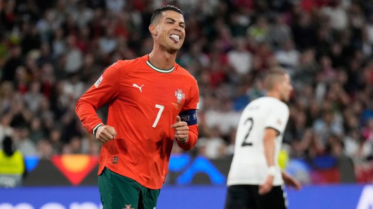 Portugal's Cristiano Ronaldo reacts after missing an opportunity to score during the Nations League semifinal soccer match between Portugal and Germany at the Munich Football Arena, in Munich, Germany, Wednesday, June 4, 2025. (Matthias Schrader/AP)