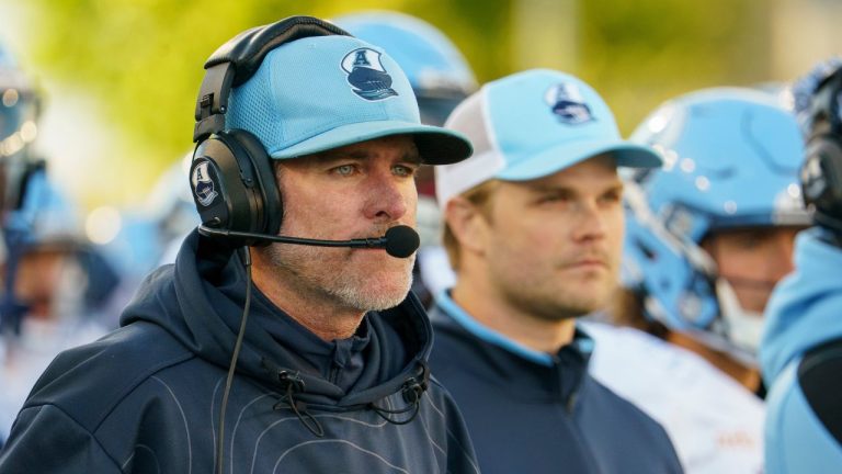 Toronto Argonauts Head Coach Ryan Dinwiddie on the sidelines during first half CFL preseason football game action against the Hamilton Tiger Cats Hamilton, Ont. on Saturday, May 24, 2025. (Peter Power/CP)