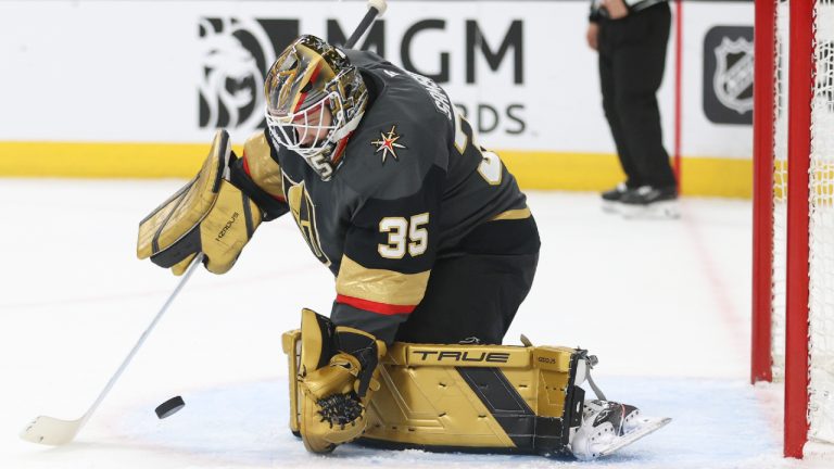 Vegas Golden Knights goaltender Ilya Samsonov (35) makes a save during the first period of an NHL hockey game against the Tampa Bay Lightning, Sunday, March 23, 2025, in Las Vegas. (Ian Maule/AP)