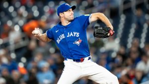 Toronto Blue Jays pitcher Max Scherzer (31) pitches the ball during first inning MLB baseball action against the Baltimore Orioles, in Toronto on Saturday, March 29, 2025. (Christopher Katsarov/CP)