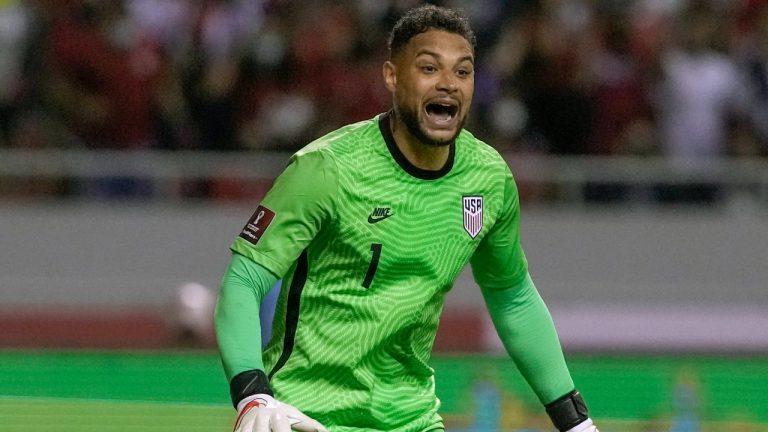United States' goalkeeper Zack Steffen reacts during a qualifying soccer match against Costa Rica for the FIFA World Cup Qatar 2022 in San Jose, Costa Rica, Wednesday, March 30, 2022. (Moises Castillo/AP)