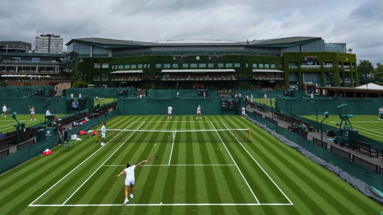 Players practice at the All England Lawn Tennis and Croquet Club, ahead of the Wimbledon Championships in London, Thursday, June 26, 2025. (Kirsty Wigglesworth/AP)