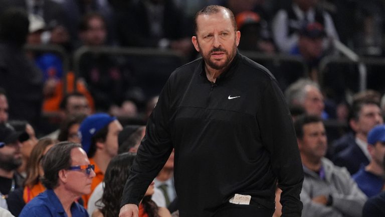 New York Knicks head coach Tom Thibodeau walks on the sideline during the first quarter of Game 1 of the NBA basketball Eastern Conference final against the Indiana Pacers, Wednesday, May 21, 2025, in New York. (Frank Franklin II/AP)