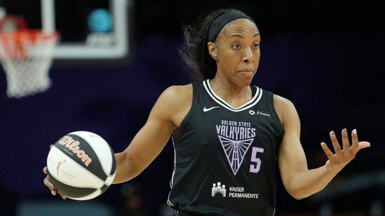 Golden State Valkyries forward Kayla Thornton dribbles the ball against the Phoenix Mercury during the second half of a WNBA basketball game Thursday, June 5, 2025, in Phoenix. (Ross D. Franklin/AP)