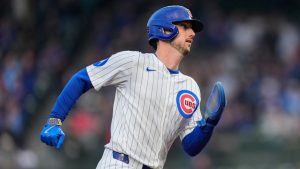 Chicago Cubs' Kyle Tucker (30) runs the bases to score on a double from designated hitter Seiya Suzuki (27) during the first inning of a baseball game against the Colorado Rockies, Wednesday, May 28, 2025, in Chicago. (Erin Hooley/AP)
