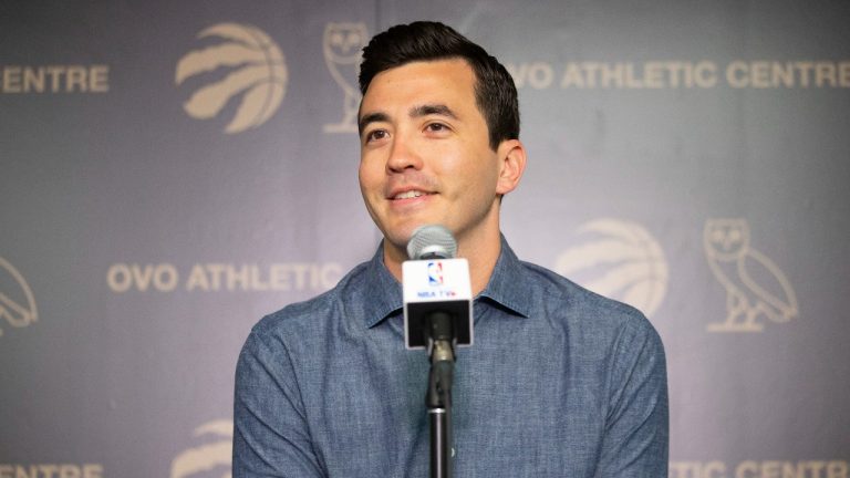 Toronto Raptors general manager Bobby Webster speaks to the media in Toronto on Friday, June 21, 2019. (Chris Young/THE CANADIAN PRESS)