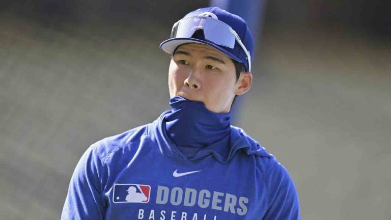 Los Angeles Dodgers' Hyeseong Kim walks on the field before a baseball game against the Minnesota Twins in Los Angeles, Monday, July 21, 2025. (Jayne Kamin-Oncea/AP)