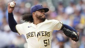 Milwaukee Brewers' Freddy Peralta pitches during the first inning of a baseball game against the Los Angeles Dodgers, Monday, July 7, 2025, in Milwaukee. (Aaron Gash/AP)