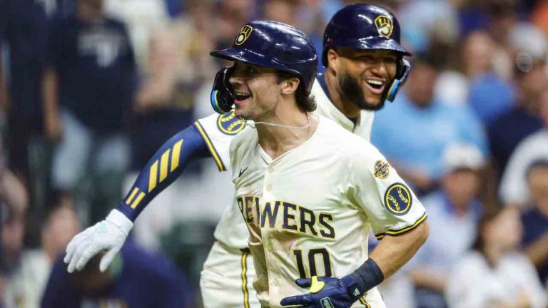 Milwaukee Brewers' Sal Frelick (10) reacts with Jackson Chourio, right, after his home run against the Chicago Cubs during the sixth inning of a baseball game, Monday, July 28, 2025, in Milwaukee. (Jeffrey Phelps/AP)