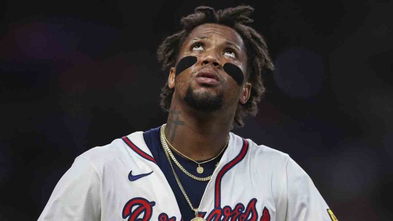 Atlanta Braves' Ronald Acuña Jr. reacts after the eighth inning of a baseball game against the Los Angeles Angels, Thursday, July 3, 2025, in Atlanta. (Colin Hubbard/AP)