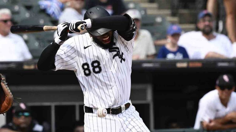 Chicago White Sox's Luis Robert Jr. is hit by a pitch thrown by Chicago Cubs' Daniel Palencia during the ninth inning of a baseball game, Sunday, July, 27, 2025, in Chicago. (Matt Marton/AP)