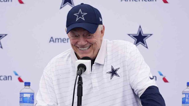 Jerry Jones, Dallas Cowboys owner, president, and general manager speaks to reporters during a news conference to open training camp Monday, July 21, 2025, in Oxnard, Calif. (Mark J. Terrill/AP)