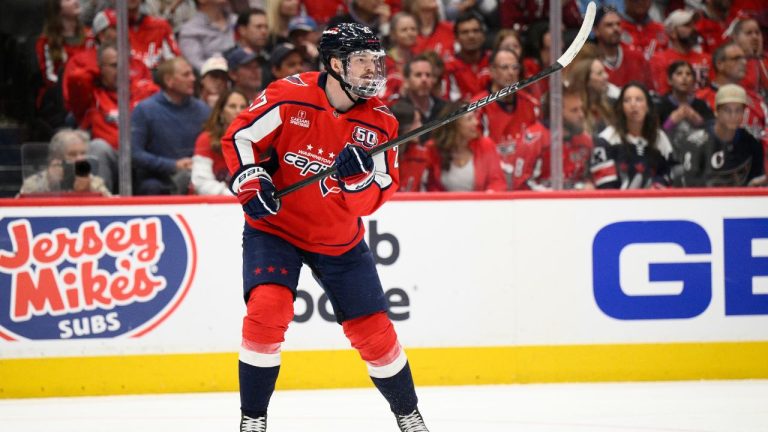 Washington Capitals defenceman Alexander Alexeyev (27) in action in the second period of Game 5 of a first-round NHL hockey playoff series against the Montreal Canadiens Wednesday, April 30, 2025, in Washington. (Nick Wass/AP)