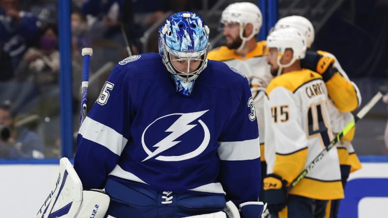 Goaltender Amir Miftakhov reacts after giving up a goal to the Nashville Predators during the third period of a pre-season NHL hockey game Thursday, Sept. 30, 2021, in Tampa, Fla. (Mike Carlson/AP)