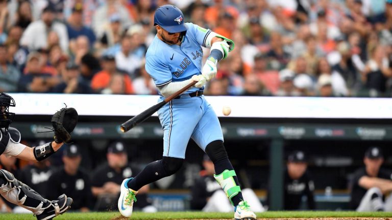 Toronto Blue Jays' Bo Bichette singles during the eighth inning of a baseball game against the Detroit Tigers. (Jose Juarez/AP)