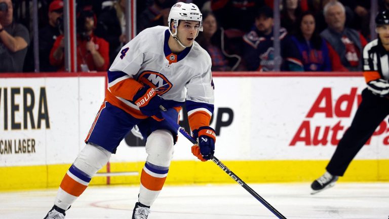 New York Islanders' Samuel Bolduc (4) skates with the puck against the Carolina Hurricanes during the first period of an NHL hockey game in Raleigh, N.C., Saturday, Dec. 23, 2023. (Karl B DeBlaker/AP)