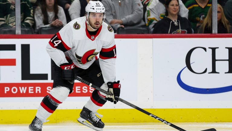 Ottawa Senators left wing Boris Katchouk in action during the second period of an NHL hockey game against the Minnesota Wild Tuesday, April 2, 2024, in St. Paul, Minn. (AP Photo/Matt Krohn)