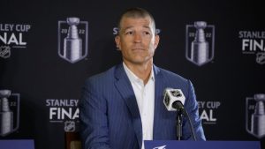 Tampa Bay Lightning general manager Julien BriseBois considers a question during an NHL hockey media day before Game 1 of the Stanley Cup Final, Tuesday, June 14, 2022, in Denver. (David Zalubowski/AP)
