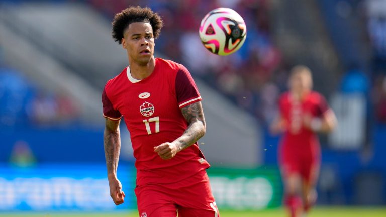 Canada forward Tajon Buchanan (17) looks to control the ball in the second half of a CONCACAF Nations League Play-In soccer match against Trinidad And Tobago, Saturday, March 23, 2024, in Frisco, Texas. (Julio Cortez/AP)