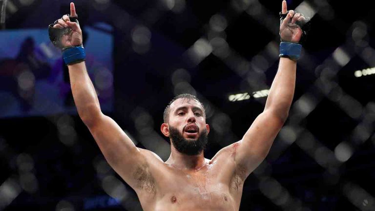 Dominick Reyes celebrates after fighting Ovince Saint Preux during a light heavyweight mixed martial arts bout at UFC 229 in Las Vegas, Saturday, Oct. 6, 2018. Reyes won by by unanimous decision. (John Locher/AP)