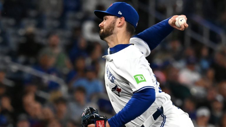 Toronto Blue Jays pitcher Zach Pop (56) throws to a New York Mets batter in the seventh inning of an MLB interleague baseball game in Toronto on Tuesday Sept. 10, 2024. THE CANADIAN PRESS/Jon Blacker