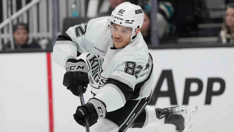 Los Angeles Kings defenseman Caleb Jones during an NHL hockey game in San Jose, Calif., Tuesday, Oct. 29, 2024. (Jeff Chiu/AP)