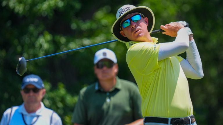 Joel Dahmen hits off the 12th hole during the first round of the Charles Schwab Challenge golf tournament at Colonial Country Club in Fort Worth, Texas, Thursday, May 22, 2025. (LM Otero/AP)