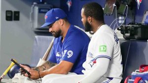 Toronto Blue Jays Hitting Coach David Popkins reviews work with Vladimir Guerrero Jr.as they sit in the dug out during MLB baseball action against Chicago White Sox in Toronto on Sunday June 22, 2025. (Chris Young/CP)