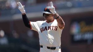 San Francisco Giants' Rafael Devers gestures after hitting a single against the Miami Marlins during the first inning of a baseball game in San Francisco, Thursday, June 26, 2025. (Jeff Chiu/AP)