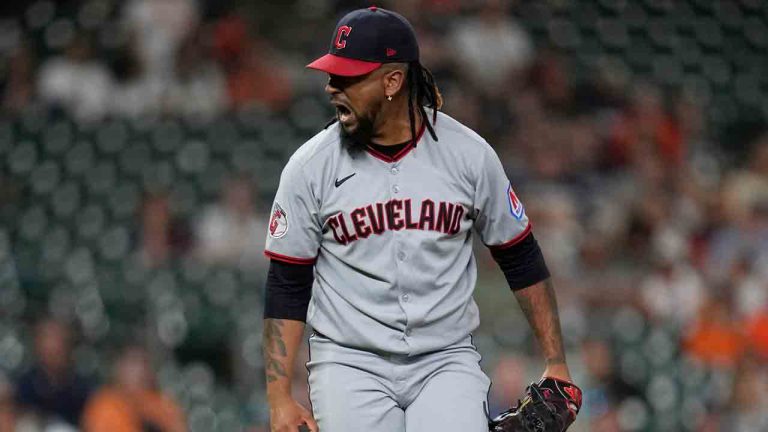 Cleveland Guardians pitcher Emmanuel Clase yells after striking out Houston Astros' Cam Smith in the 10th inning to end a baseball game Tuesday, July 8, 2025, in Houston. (David J. Phillip/AP)